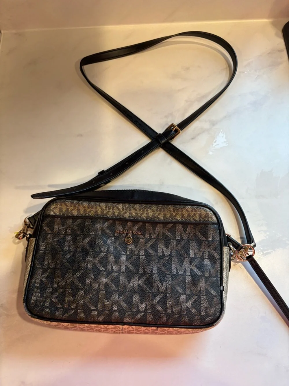 Michael Kors Brown/Gold and Black Signature MK Logo Crossbody Bag - Picture 1 of 12